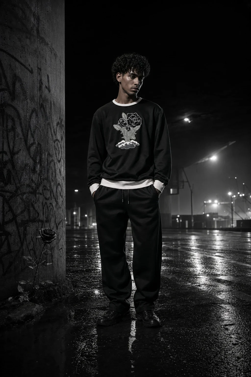 BLACK Rose Crewneck — front on model