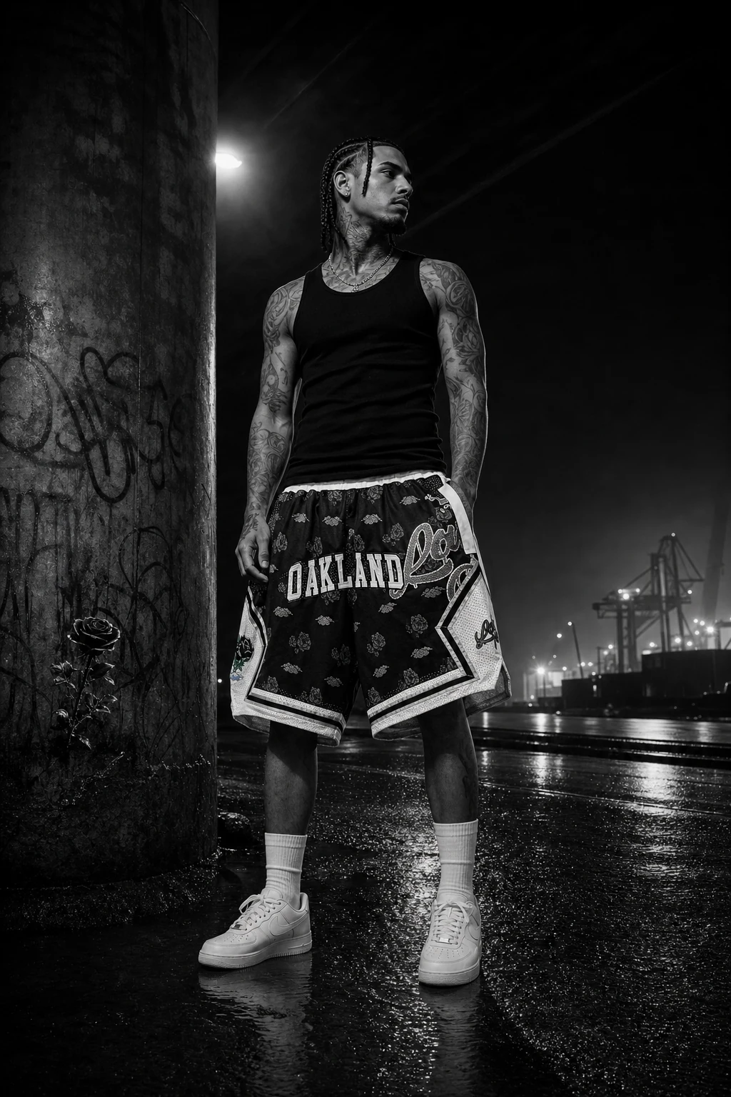 BLACK Rose x Love Hurts Basketball Shorts — front on model
