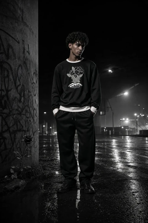 BLACK Rose Crewneck — front on model