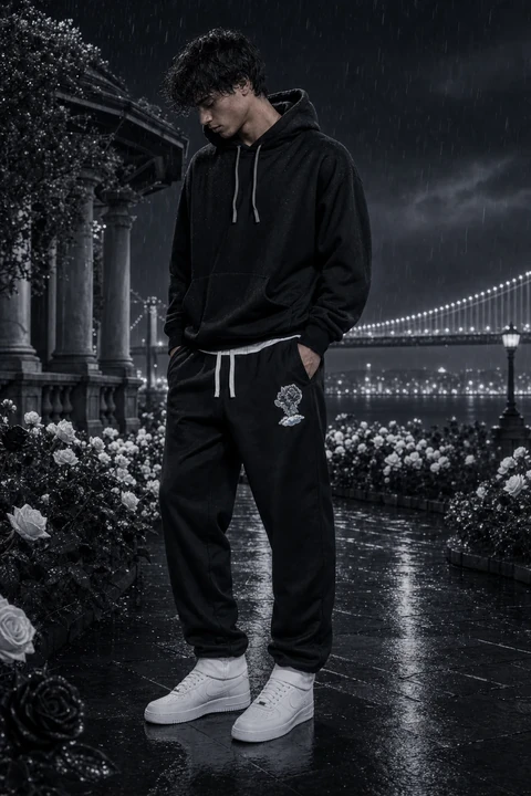 BLACK Rose Joggers — front on model