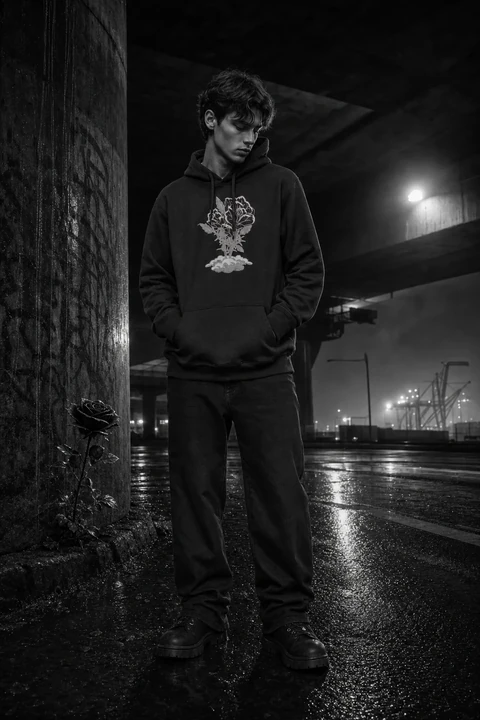BLACK Rose Hoodie — front on model