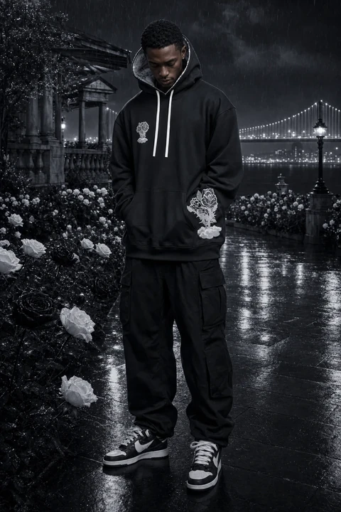 BLACK Rose Hoodie — Signature Edition — front on model