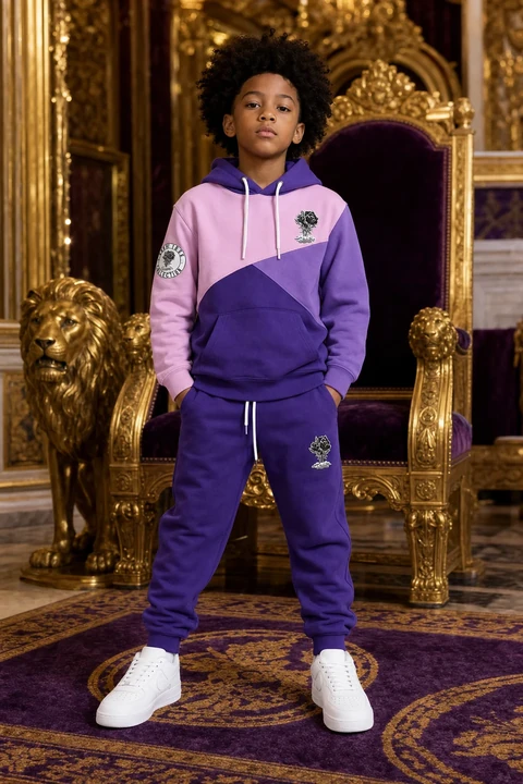 Kids Colorblock Hoodie Set — Purple/Black — front on model