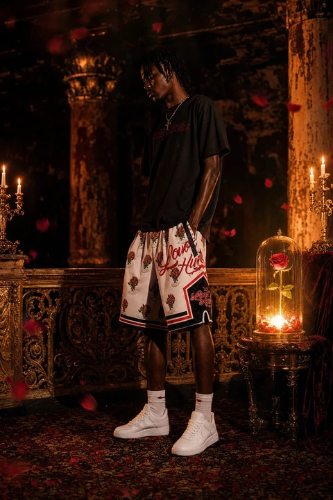 Love Hurts Basketball Shorts — front on model