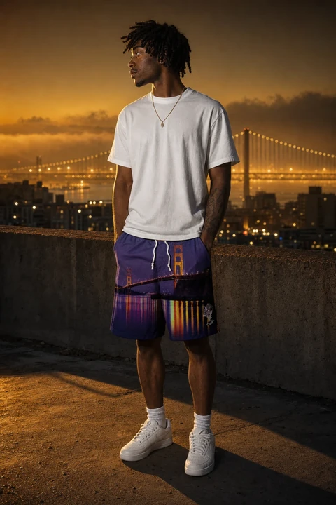 The Bridge Series 'Stay Golden' Shorts — front on model