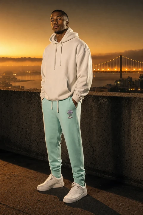 Mint & Lavender Sweatpants — front on model