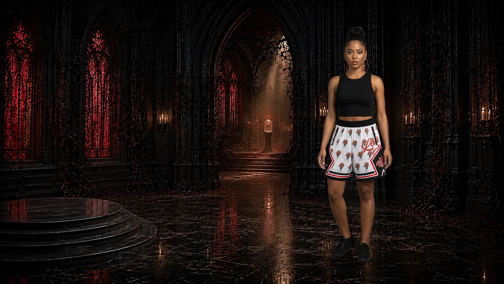 Love Hurts front-view model wearing LH-003 basketball shorts in the rose cathedral side chapel.