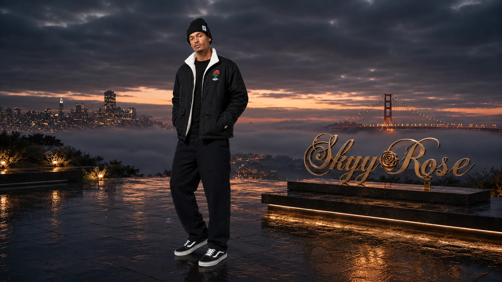 Signature male model wearing The Sherpa Jacket and black Signature Beanie at the Golden Gate overlook.