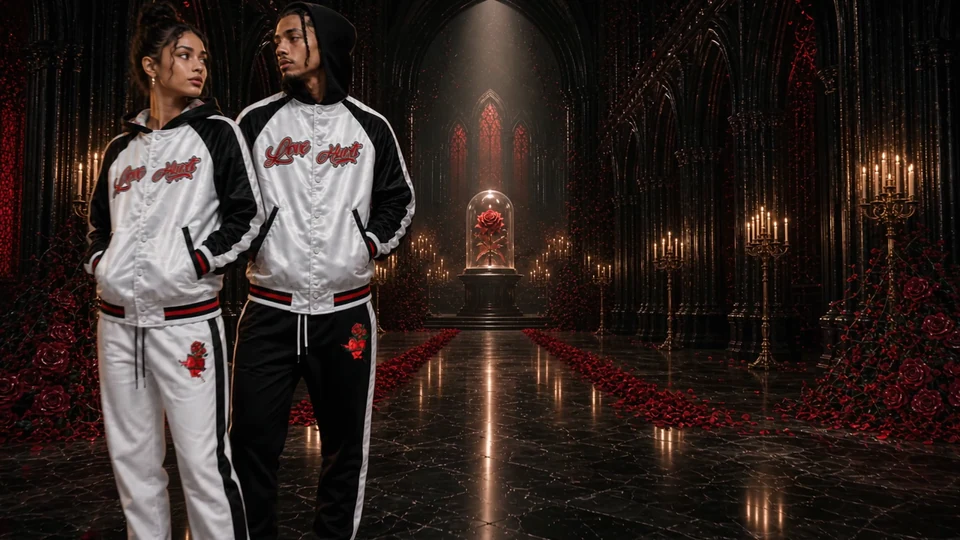 A male and female model both wear the Love Hurts Bomber Jacket. The male pairs it with the black Love Hurts Joggers and the female pairs it with the white Love Hurts Joggers.